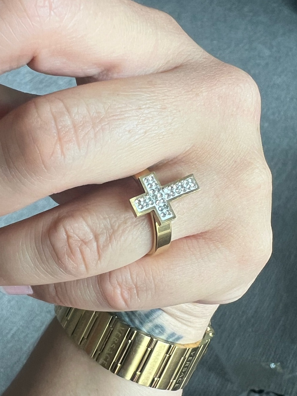 Gold Cross Ring with Pavé Crystals - Women - Picture 3 of 3